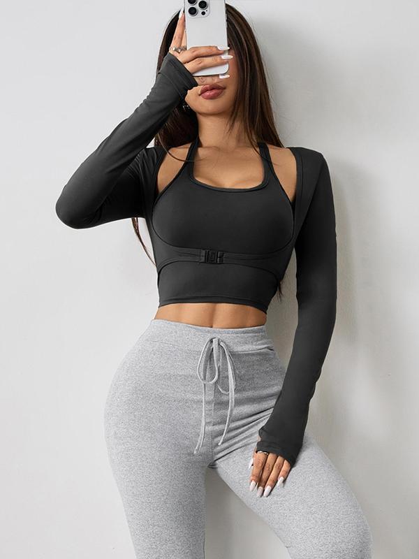 Women's Halter Crop Tank Top & Thumb Hole Sports Tee Set, Sleeveless Top & Buckle Front Sports Top Set, Gym Yoga Exercise Set for Women, Back To School Outfits Two Piece Set