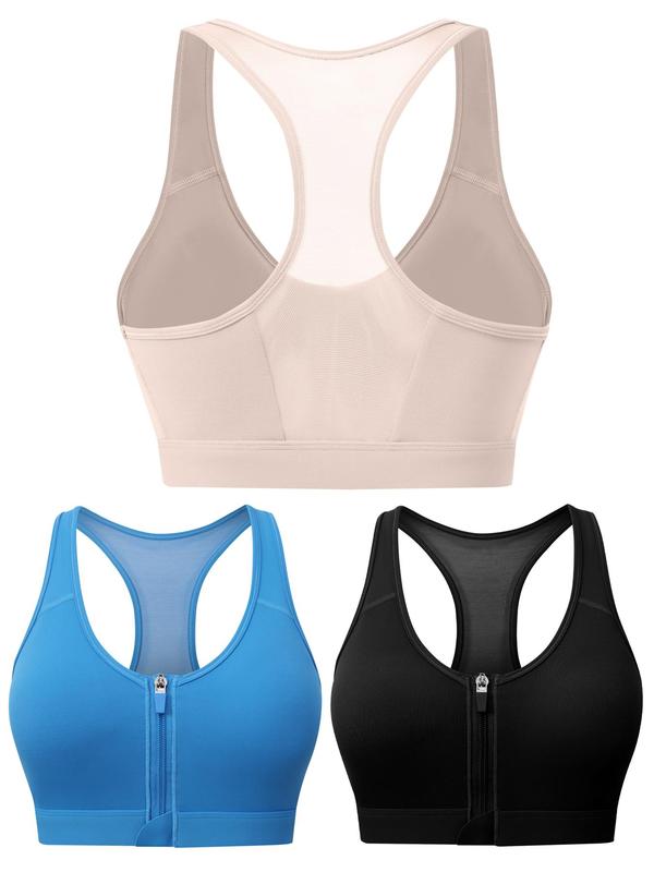 Women's Solid Zip Front Sports Bra, Removable Chest Pads Racerback Wireless Sports Bra, High Stretch Yoga Bra, Ladies Sportswear for Indoor Outdoor Wear