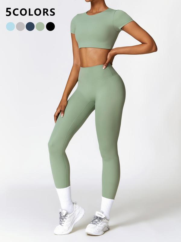 Two-piece Set Women's Solid Color Round Neck Crop Tee & High Waist Leggings Tracksuit Set, Sporty Breathable Comfy Outfits for Yoga Gym Workout Running, Ladies Sportswear for All Seasons