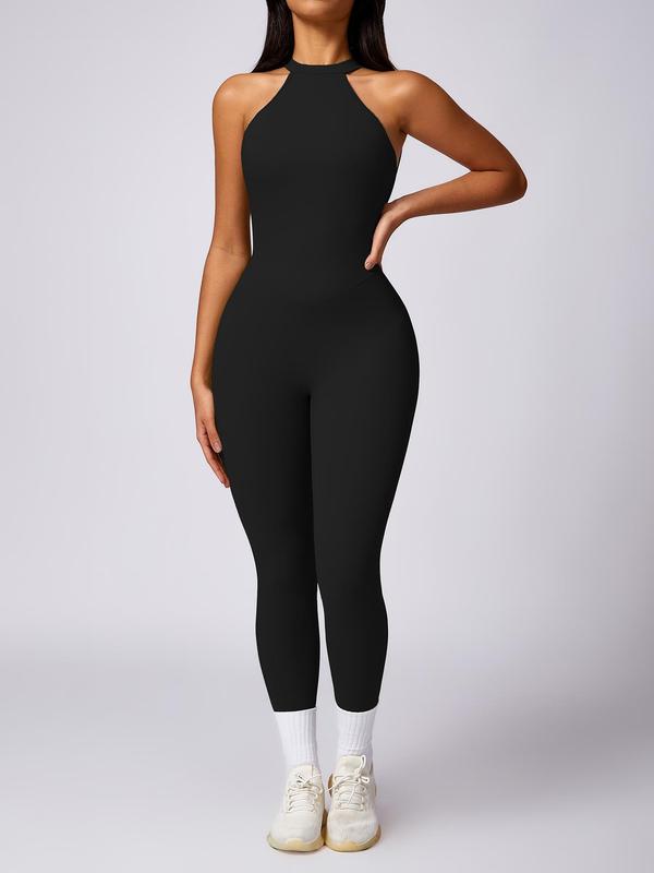 Women's Solid Ruched Cut Out Backless Halter Sports Jumpsuit, High Stretch Seamless Quick Drying Breathable Comfortable Sports Exercise Jumpsuit for Yoga Gym Workout, Jumpsuits for Women,  Ladies Sportswear for All Seasons, Tummy Control