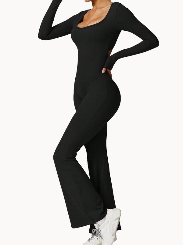 Women's Solid Cut Out Backless Flare Leg Sports Jumpsuit, Sporty Long Sleeve Square Neck Bell Bottom Jumpsuit for Women for Yoga Gym Workout Running, Ladies Sportswear for All Seasons