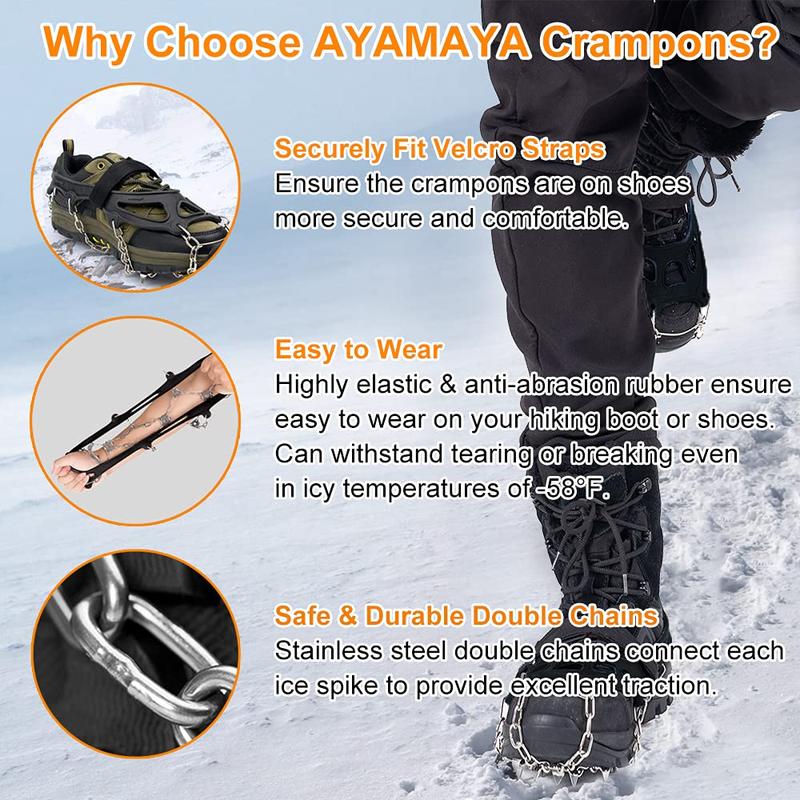 AYAMAYA Upgraded 24 Spikes Crampons Ice Cleats for Shoes and Boots - Antislip Stainless Steel Snow Traction Ice Gripper for Shoes Men Women, Snow Chains for Hiking Winter Walking Climbing - M L XL