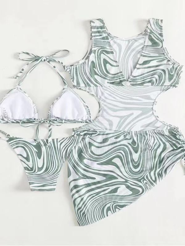 Women's Marble Print Cut Out Bikini Swimsuit Set, Halter Neck Swim Top & Swim Bottom & Drawstring Cover Up Dress, Women's Summer Outfits 2024