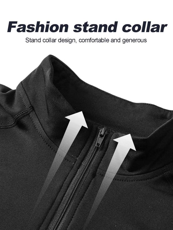 Men's Solid Color Zip Up Thermal Lined Sports Tee, Casual Comfy Breathable Long Sleeve Stand Collar T-shirt for Fall & Winter, Men's Sportswear for Outdoor Activities