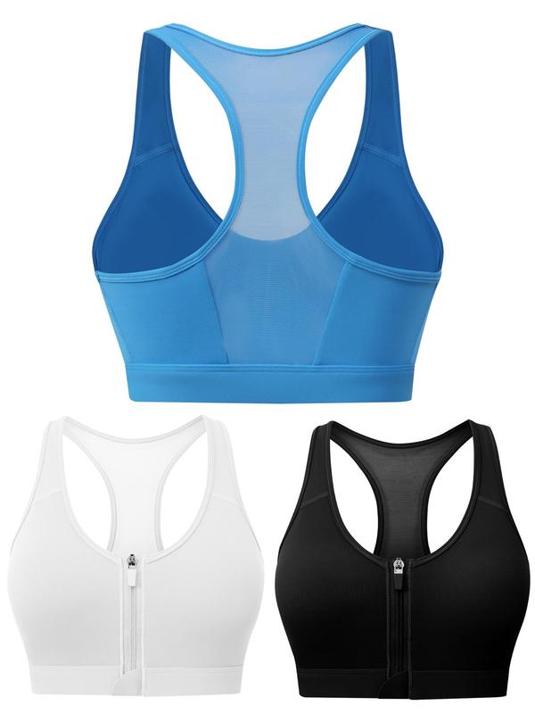 Women's Solid Zip Front Sports Bra, Removable Chest Pads Racerback Wireless Sports Bra, High Stretch Yoga Bra, Ladies Sportswear for Indoor Outdoor Wear