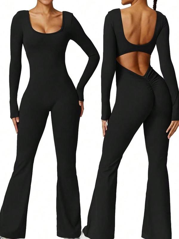 Women's Solid Cut Out Backless Flare Leg Sports Jumpsuit, Sporty Long Sleeve Square Neck Bell Bottom Jumpsuit for Women for Yoga Gym Workout Running, Ladies Sportswear for All Seasons