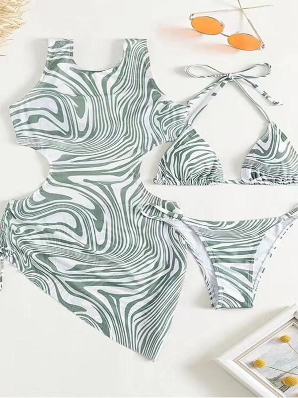 Women's Marble Print Cut Out Bikini Swimsuit Set, Halter Neck Swim Top & Swim Bottom & Drawstring Cover Up Dress, Women's Summer Outfits 2024