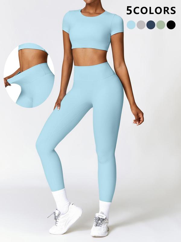 Two-piece Set Women's Solid Color Round Neck Crop Tee & High Waist Leggings Tracksuit Set, Sporty Breathable Comfy Outfits for Yoga Gym Workout Running, Ladies Sportswear for All Seasons