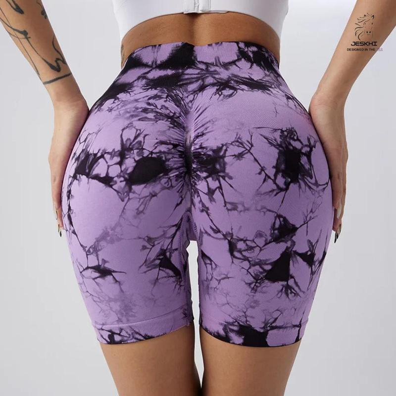 Women's 3pcs Grey,Green,Purple Tie Dye Print High Waist Seamless Sports Shorts, High Strech Gym, Yoga, Casual Indoor Outdoor Ladies Shorts