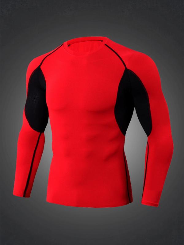 Men's Colorblock Round Neck Sports Tee, Long Sleeve Crew Neck Compression T-shirt for Fall & Winter, Men's Sportswear for Gym Workout Running