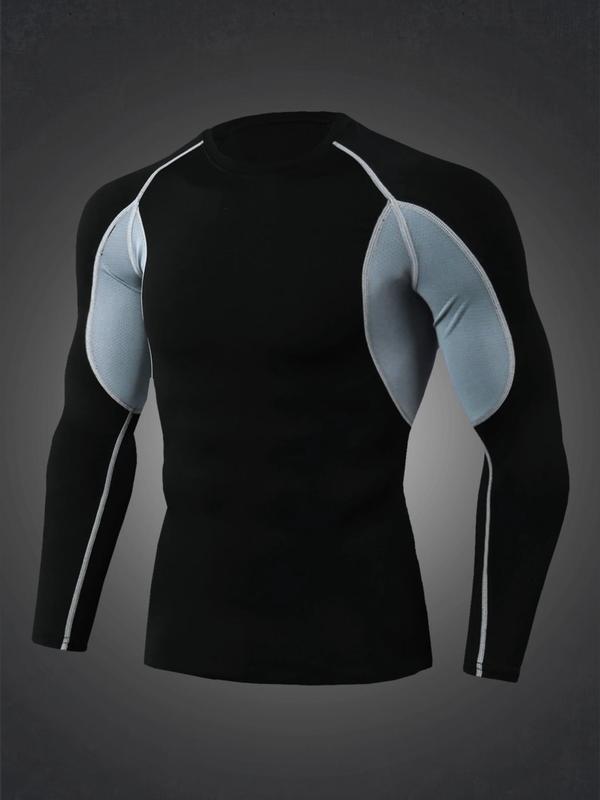 Men's Colorblock Round Neck Sports Tee, Long Sleeve Crew Neck Compression T-shirt for Fall & Winter, Men's Sportswear for Gym Workout Running