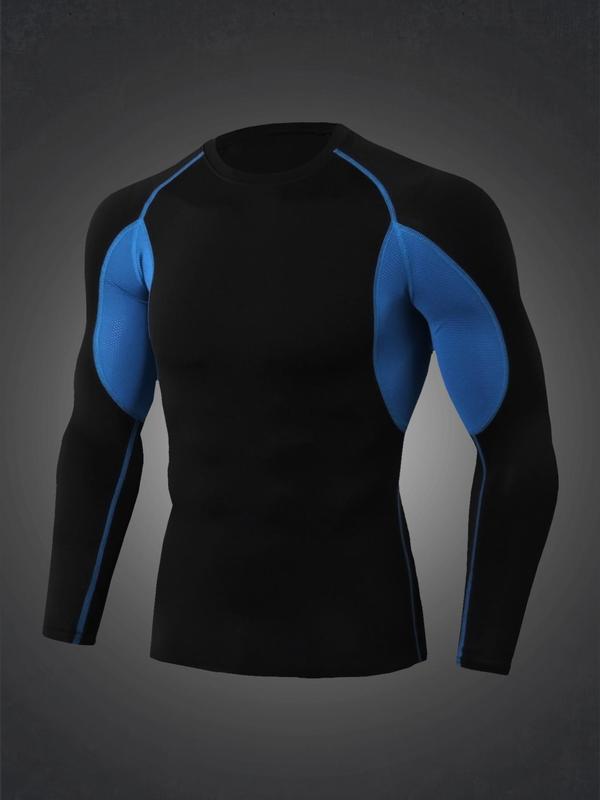 Men's Colorblock Round Neck Sports Tee, Long Sleeve Crew Neck Compression T-shirt for Fall & Winter, Men's Sportswear for Gym Workout Running