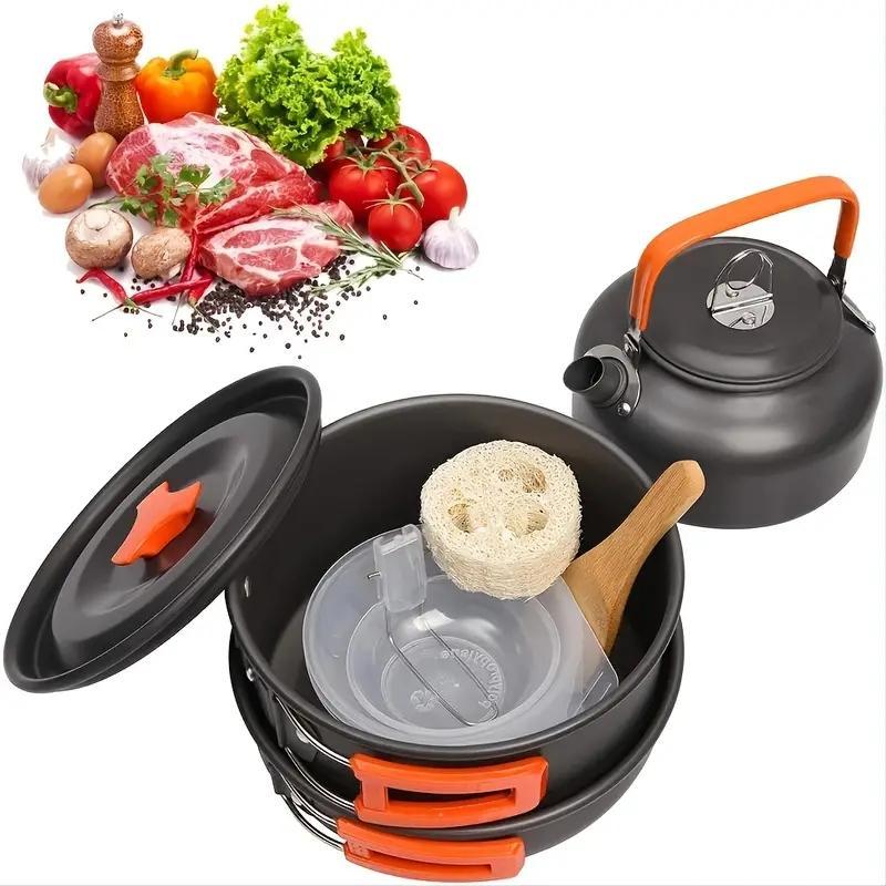 Summer Outdoor Camping Cookware for Picnic, 1 Set Teapot & Pan & Boiling Pot & Bamboo Spoon & Cleaning Sponge & Plastic Bowls & Serving Ladle Cutlery Set