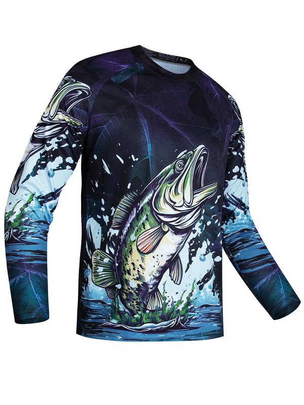 Men's Fish Print Round Neck Sports Tee, Regular Fit Sporty Raglan Sleeve Crew Neck T-shirt, Men's Sportswear for Spring & Fall Outdoor Activities