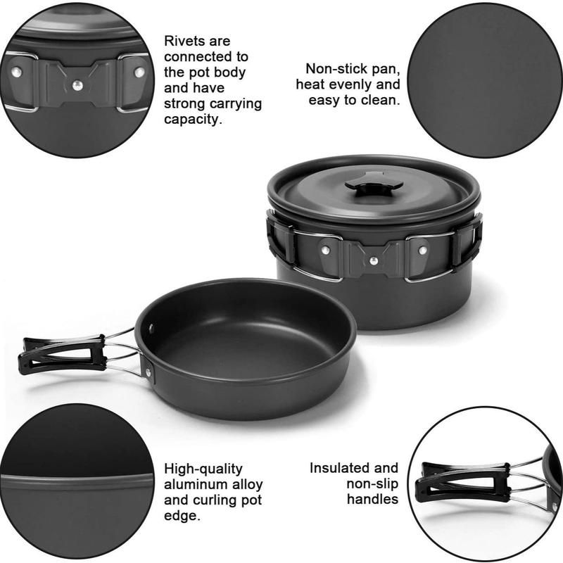 Summer Outdoor Camping Cookware for Picnic, 1 Set Teapot & Pan & Boiling Pot & Bamboo Spoon & Cleaning Sponge & Plastic Bowls & Serving Ladle Cutlery Set