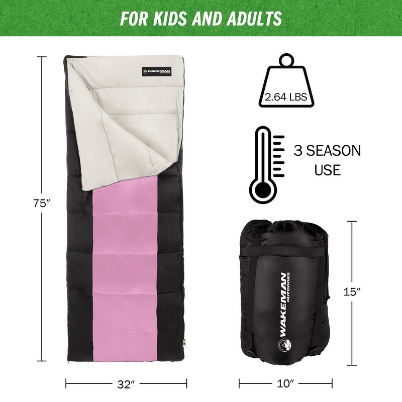 Wakeman Lightweight Camping Sleeping Bag for Children and Adults, Pink