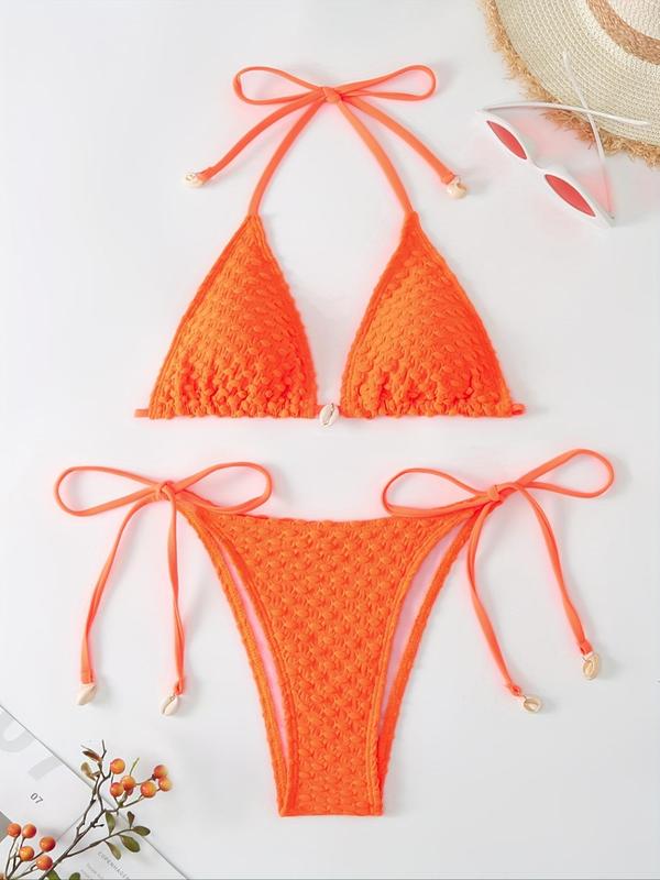 Women's Plain Textured Bikini Set, Casual Tie Back Halter Triangle Bra & Tie Side Swim Botttom, Ladies Summer Swimwear