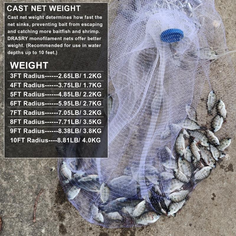 Saltwater American Fishing Cast Net 3 8inch Mesh Size for Bait Shrimp Trap Fish Heavy Duty Sinkers Throw Net 3FT 4FT 5FT 6FT 7FT 8FT 9FT 10FT Radius