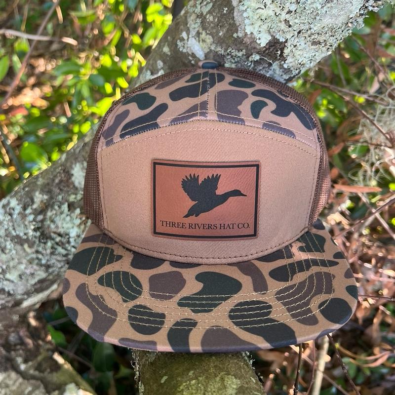 Duck Silhouette Patch-Old School Camo (2 patterns available) Flat Bill 7 panel snapback hat