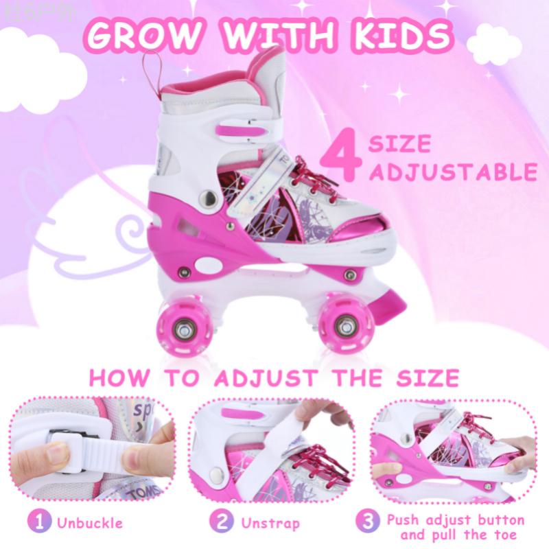 Glow-in-the-Dark Adjustable Roller Skates for Youngsters - Fun Pink & White, 4 Sizes Available, Perfect for Beginners