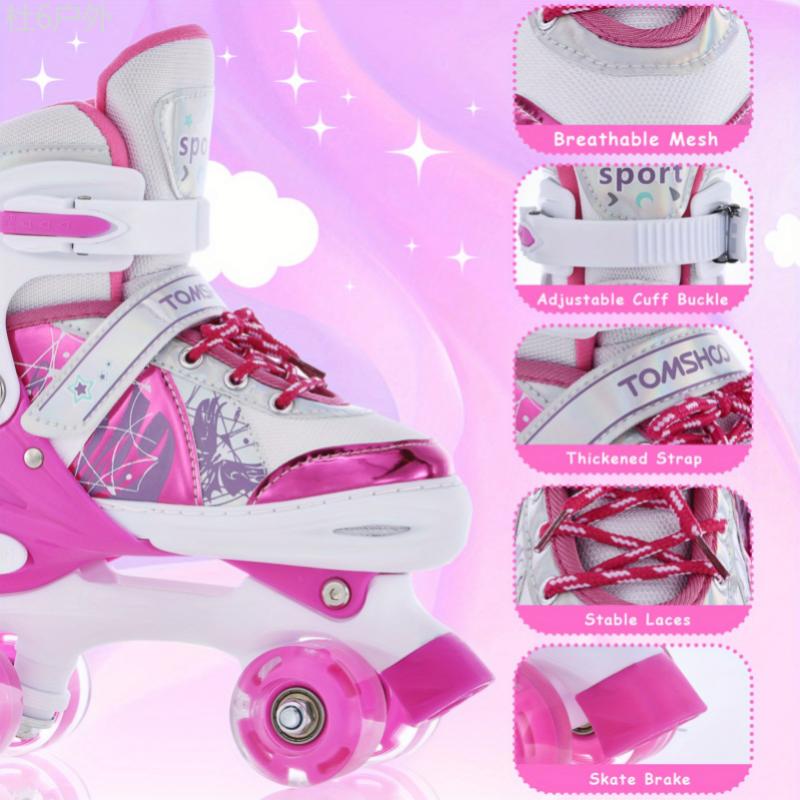 Glow-in-the-Dark Adjustable Roller Skates for Youngsters - Fun Pink & White, 4 Sizes Available, Perfect for Beginners