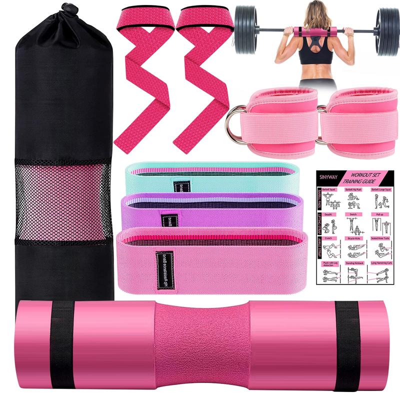 Barbell Pad Set for Squat,9 PCS Hip Thrusts Workout Foam Weight Lifting Bar Cushion with 2 Gym Ankle Straps,3 Hip Resistance Bands,2 Lifting Strap,Barbell Pad and Carry Bag