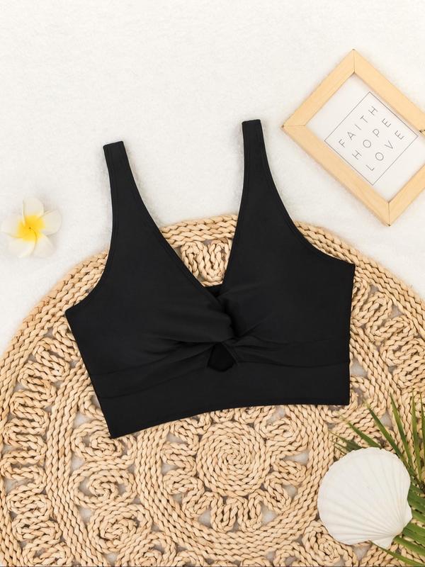 Women's Plain Twist Cut Out Crop Swimwear Top, Casual V Neck Adjustable Strap Sleeveless Swim Top for Summer, Fashion Women's Swimwear for Beach Swimming, Vacation Clothes