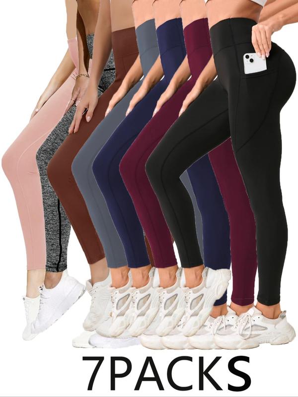 Women's Solid High Waist Pocket Sports Leggings, Casual Comfy Breathable Skinny Compression Pants for Yoga Gym Workout Running, Ladies Sportswear for All Seasons