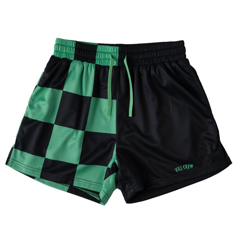 [Kill Crew] Muay Thai Shorts Checker - Black   Mint, Unisex, Mid Thigh Cut, Pockets, Gym Shorts, Elastic Waistband, Long drawcord with wax tips