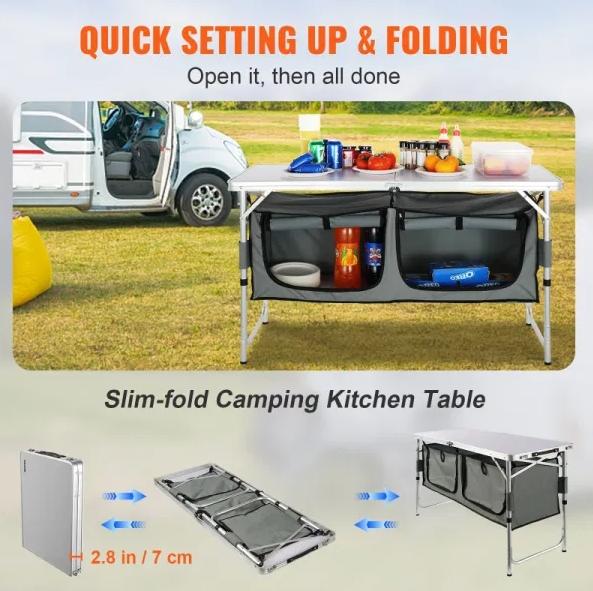 Camping Kitchen Table, Quick set-up Folding Camping Table, 3 Adjustable Heights, Camping Table, Ideal for Outdoor Picnics, BBQs, RV Traveling