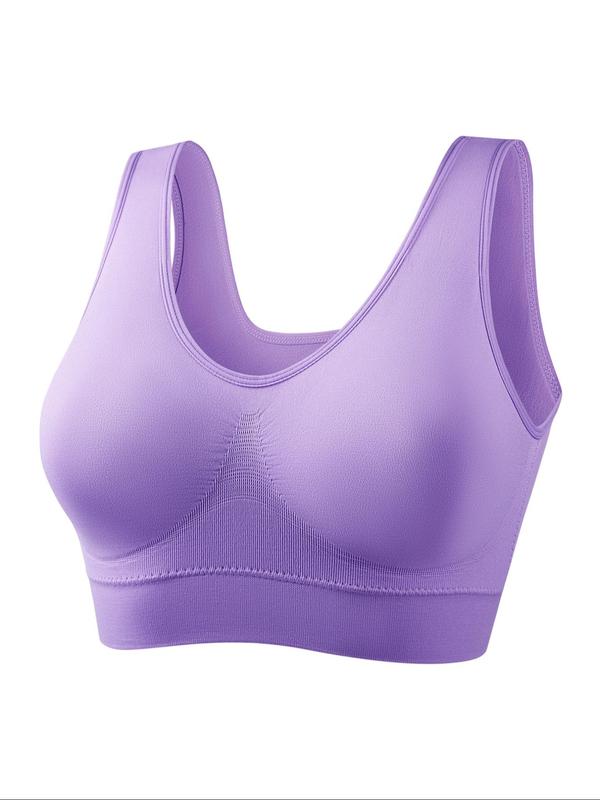  Solid Color Wireless Bra, Breathable Comfortable Scoop Neck Shirred Back Sports Bra, Women's Lingerie for All Seasons