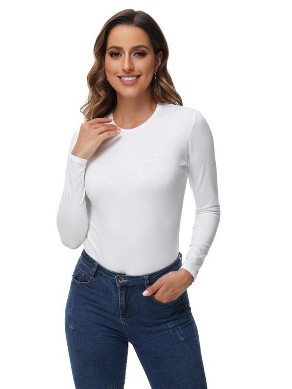 Women's Solid Round Neck Sports Thermal Underwear Top, Sporty Long Sleeve Crew Neck Top for Daily Outdoor Wear, Ladies Sportswear for All Seasons