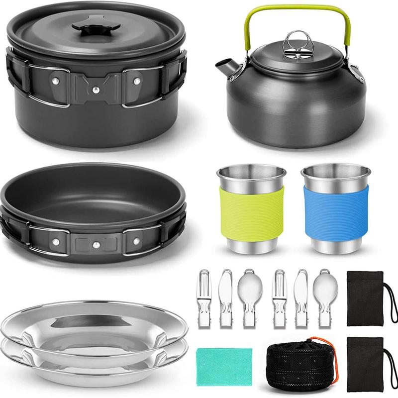 Summer Outdoor Camping Cookware for Picnic, 1 Set Teapot & Pan & Boiling Pot & Bamboo Spoon & Cleaning Sponge & Plastic Bowls & Serving Ladle Cutlery Set