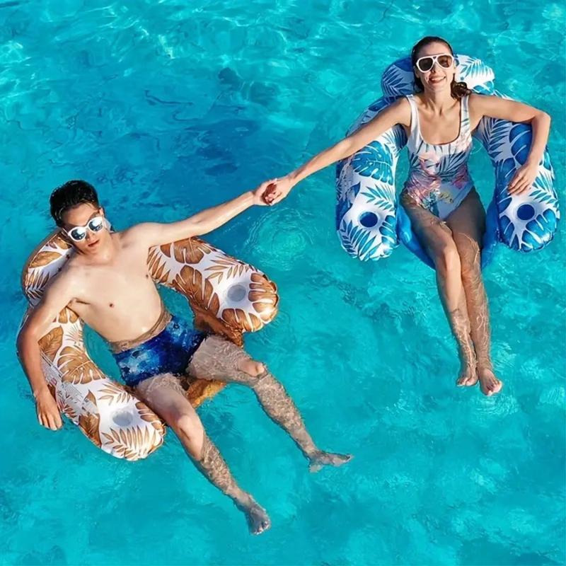 Inflatable Swimming Pool Float, Portable U-shaped Floating Chair with Backrest & Cup Holder, Swimming Circle for Beach Pool Travel