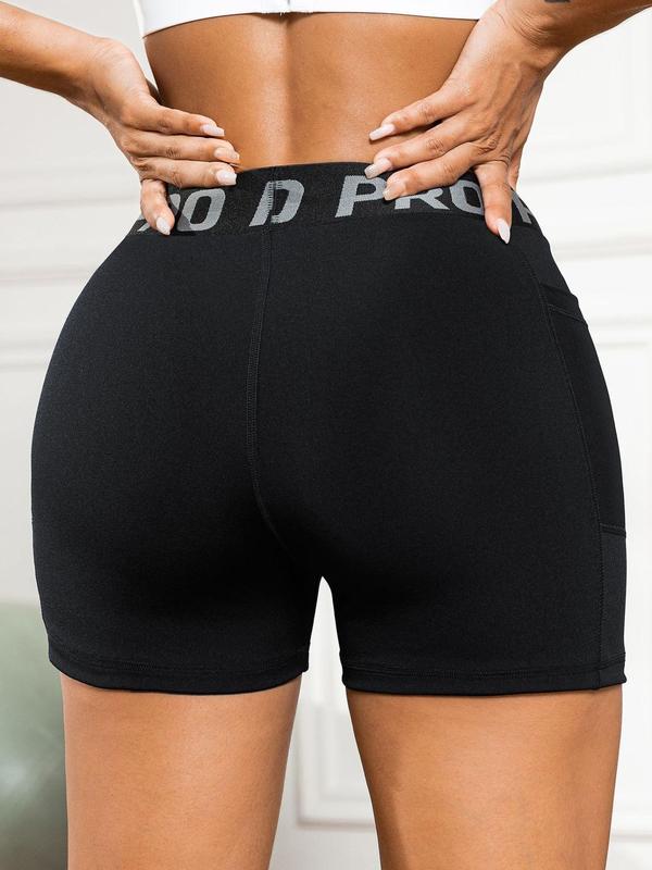 Women's Letter Tape Pocket High Waist Sports Gym Shorts, Breathable Comfortable Skinny Shorts, Back-to-School Clothing, Biker Shorts, Scrunch Leggings for Women, Gym Clothes, Ladies Sportswear for Yoga Gym Workout