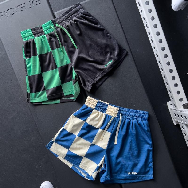 [Kill Crew] Muay Thai Shorts Checker - Black   Mint, Unisex, Mid Thigh Cut, Pockets, Gym Shorts, Elastic Waistband, Long drawcord with wax tips