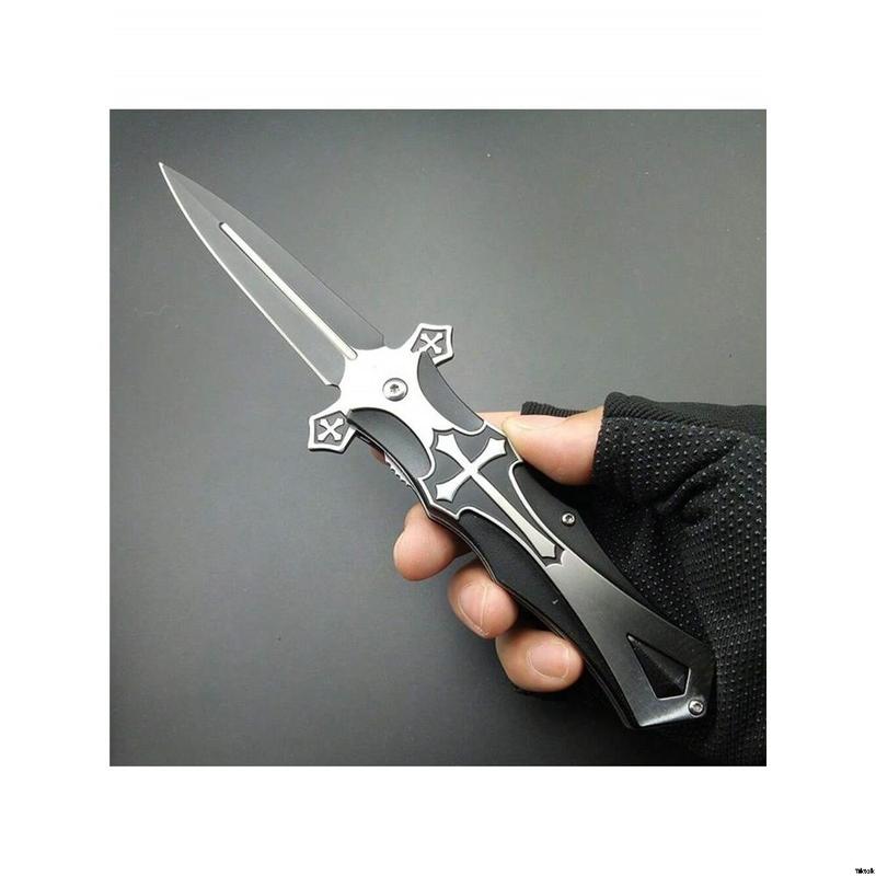 Black Gift Beautiful and Hiking Camping Style Cross, Knife EDC Lightweight, Pocket, Knife Blade Folding Tool Escape Car Survival