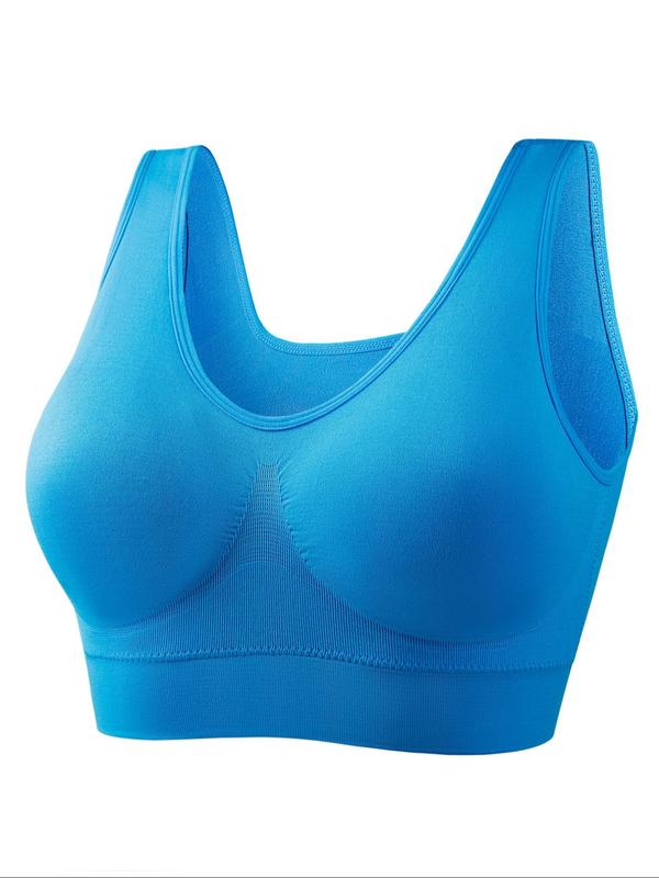  Solid Color Wireless Bra, Breathable Comfortable Scoop Neck Shirred Back Sports Bra, Women's Lingerie for All Seasons