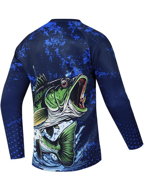 Men's Fish Print Round Neck Sports Tee, Regular Fit Sporty Raglan Sleeve Crew Neck T-shirt, Men's Sportswear for Spring & Fall Outdoor Activities