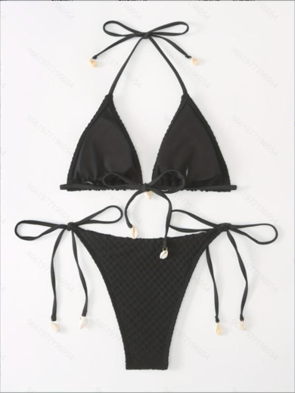 Women's Plain Textured Bikini Set, Casual Tie Back Halter Triangle Bra & Tie Side Swim Botttom, Ladies Summer Swimwear