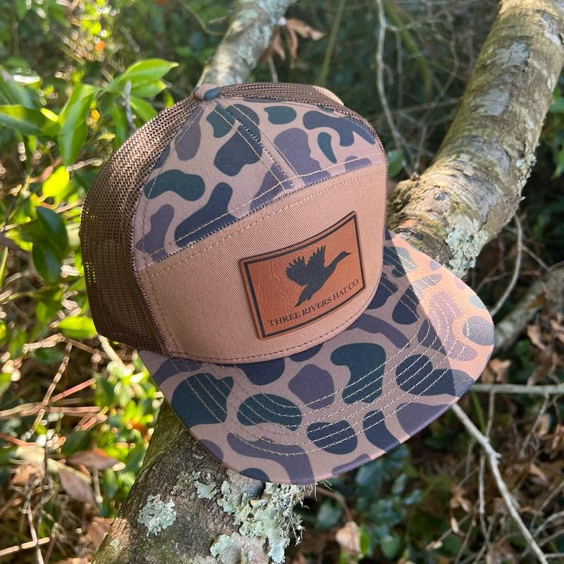 Duck Silhouette Patch-Old School Camo (2 patterns available) Flat Bill 7 panel snapback hat