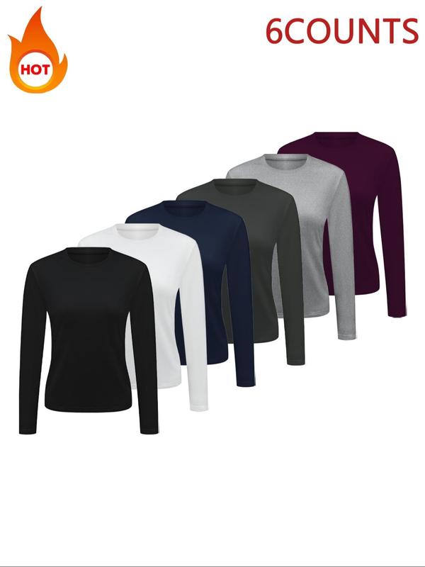 Women's Solid Round Neck Sports Thermal Underwear Top, Sporty Long Sleeve Crew Neck Top for Daily Outdoor Wear, Ladies Sportswear for All Seasons