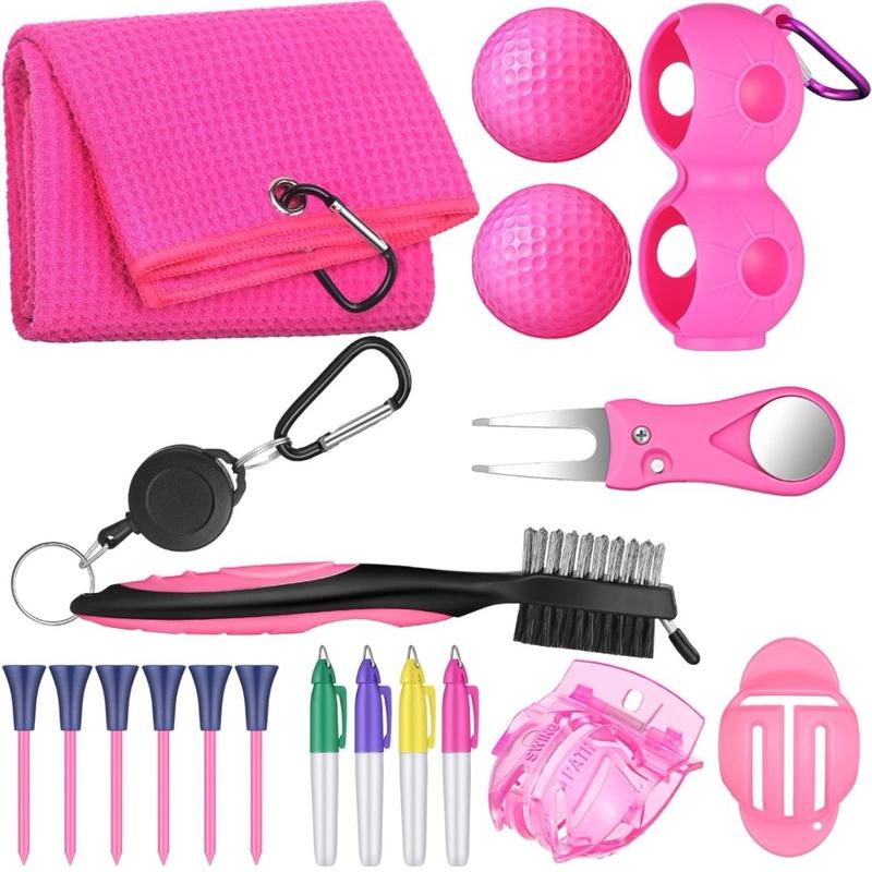 18 Pcs Pink Golf Accessories Kit, Include Golf Ball Marker, Golf Balls Holder, Club Groove Cleaner Brush, Divot Repair, Plastic Tees, Pink Golf Balls, Golf Towel with Clip, Golf Gift Set for Women