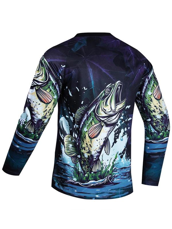 Men's Fish Print Round Neck Sports Tee, Regular Fit Sporty Raglan Sleeve Crew Neck T-shirt, Men's Sportswear for Spring & Fall Outdoor Activities