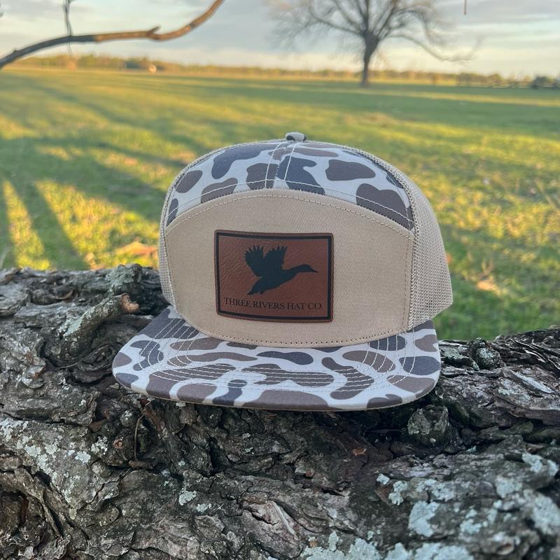 Duck Silhouette Patch-Old School Camo (2 patterns available) Flat Bill 7 panel snapback hat