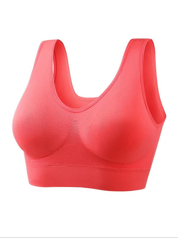  Solid Color Wireless Bra, Breathable Comfortable Scoop Neck Shirred Back Sports Bra, Women's Lingerie for All Seasons