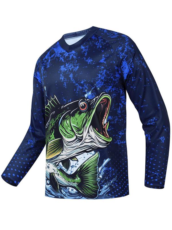 Men's Fish Print Round Neck Sports Tee, Regular Fit Sporty Raglan Sleeve Crew Neck T-shirt, Men's Sportswear for Spring & Fall Outdoor Activities