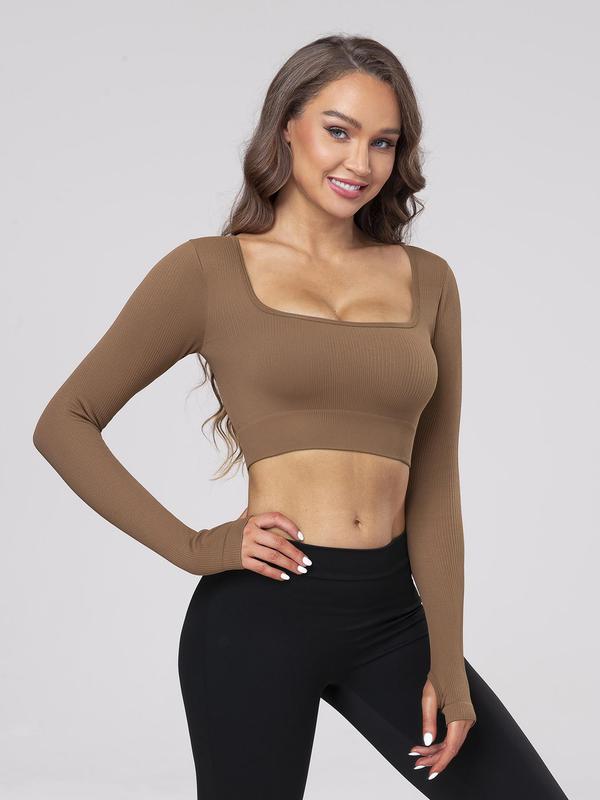 Women's Solid Cut Out Square Neck Crop Sports Tee, Long Sleeve Tight-fitting T-shirt for Yoga Gym Workout, Ladies Sportswear Clothing for Indoor Outdoor Wear