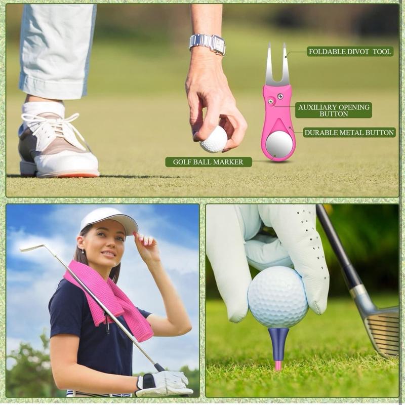 18 Pcs Pink Golf Accessories Kit, Include Golf Ball Marker, Golf Balls Holder, Club Groove Cleaner Brush, Divot Repair, Plastic Tees, Pink Golf Balls, Golf Towel with Clip, Golf Gift Set for Women