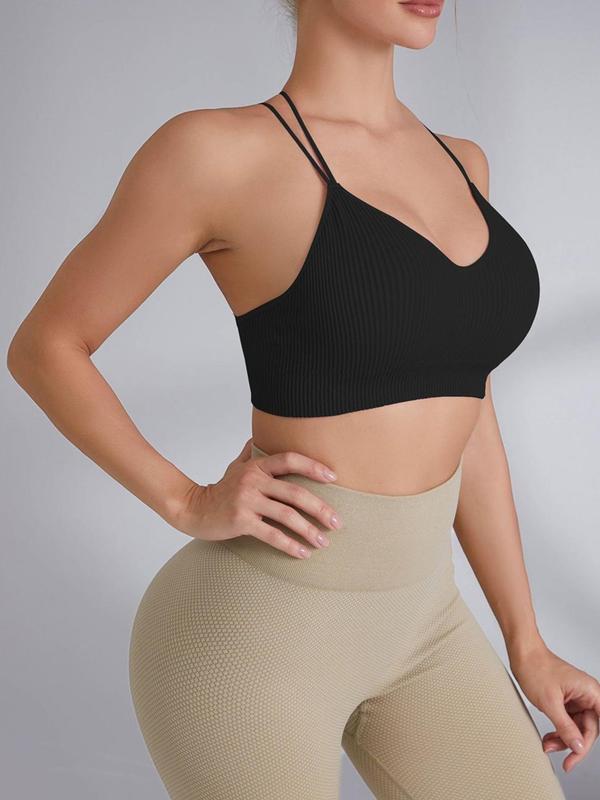 Women's Solid Criss Cross Strappy Sports Bra, Breathable Comfortable Ribbed Sports Bralette for Yoga Gym Workout, Ladies Sportswear for All Seasons